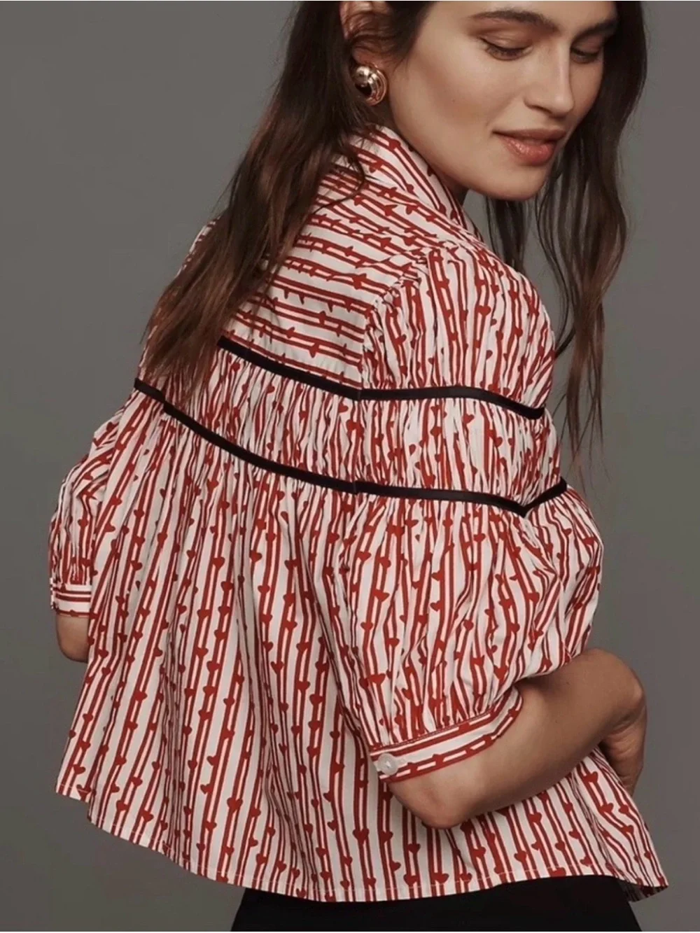 Anthropologie The Leandra Shirred Yoke Blouse: Striped Hearts Edition XS